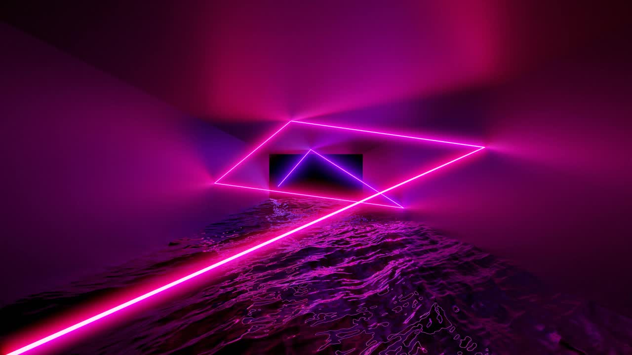 抽象飞行在未来的走廊，无缝循环4k背景，荧光紫外线，彩色激光霓虹线，几何无尽隧道，蓝粉色光谱，3d渲染视频素材