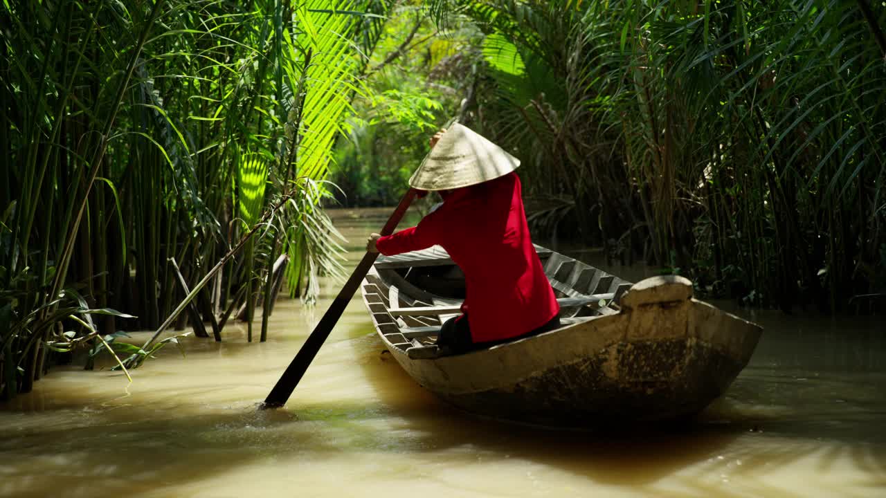传统的亚洲河流流经越南的热带植物视频下载