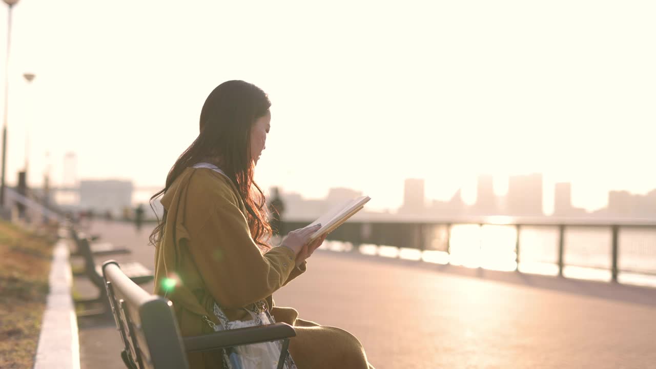 日落时分，年轻女子在海滨公园看书——第二部分视频下载