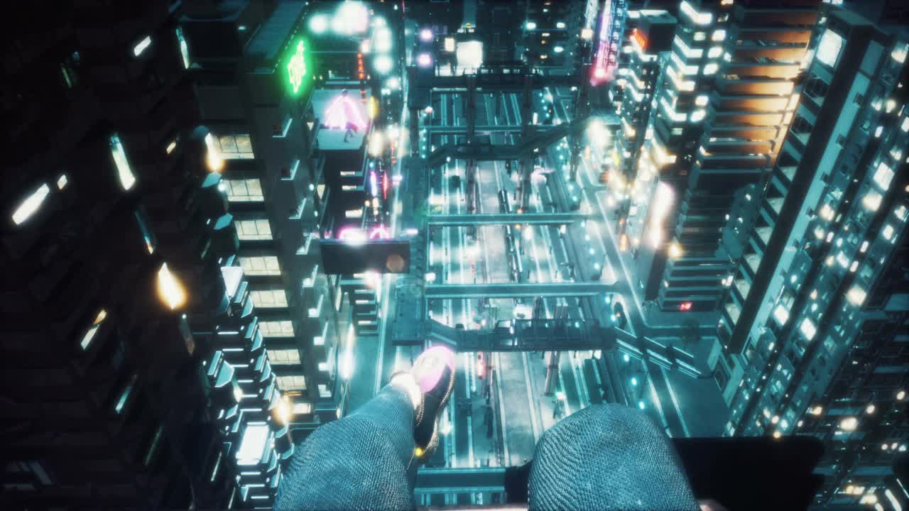 一个女孩坐在摩天大楼的屋顶上，摆动着双腿，欣赏着未来的霓虹之城。动画小说，网络和科幻背景。未来城市的景象。视频素材