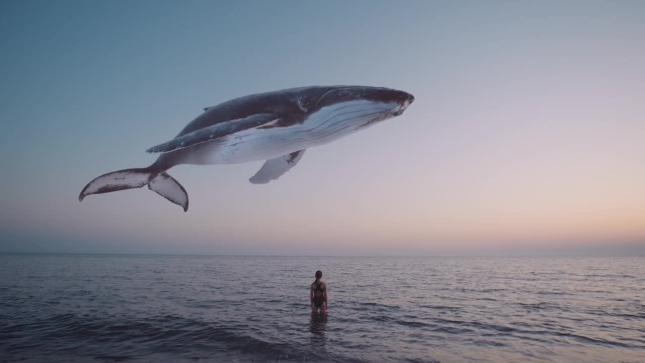 女孩看着座头鲸在海面上飞翔。神秘的，幻想的，梦的场景，一个精神动物或生态和灭绝主题的创造性插图。电影的质量。视频素材