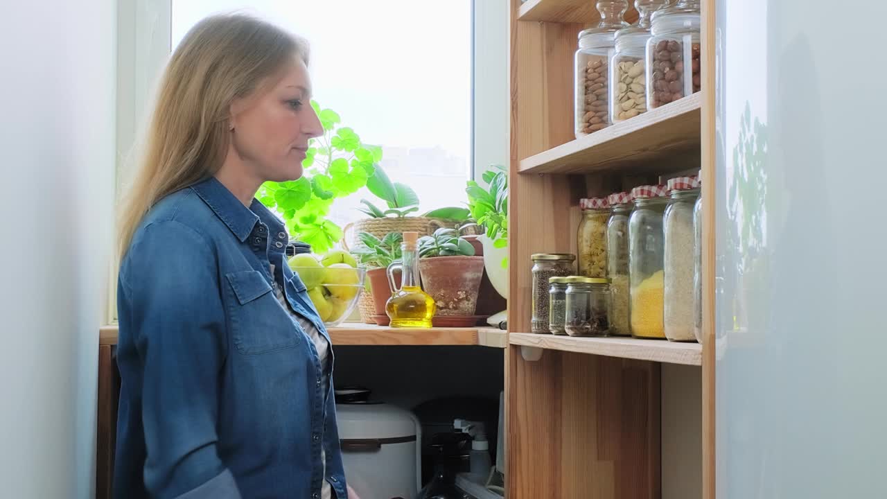 在食品储藏室里储存食物，中年妇女用橘子，葡萄干，橄榄油视频素材