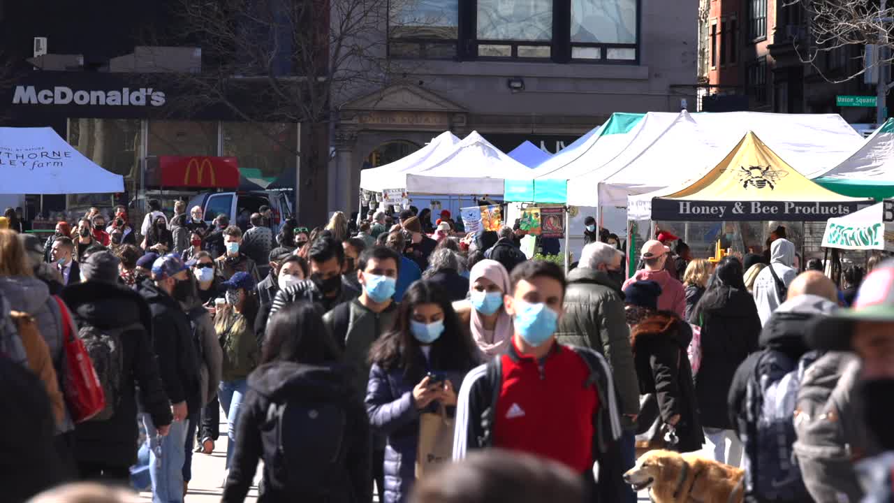 在新冠肺炎大流行期间，一群人在联合广场绿色市场购物。视频素材