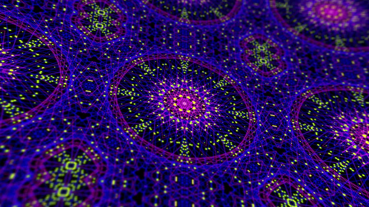 抽象的数字曼陀罗的分形无缝循环动画。4k多色花卉粒子网格运动图形概念。万花筒背景的瑜伽，冥想，健身，俱乐部等。视频素材