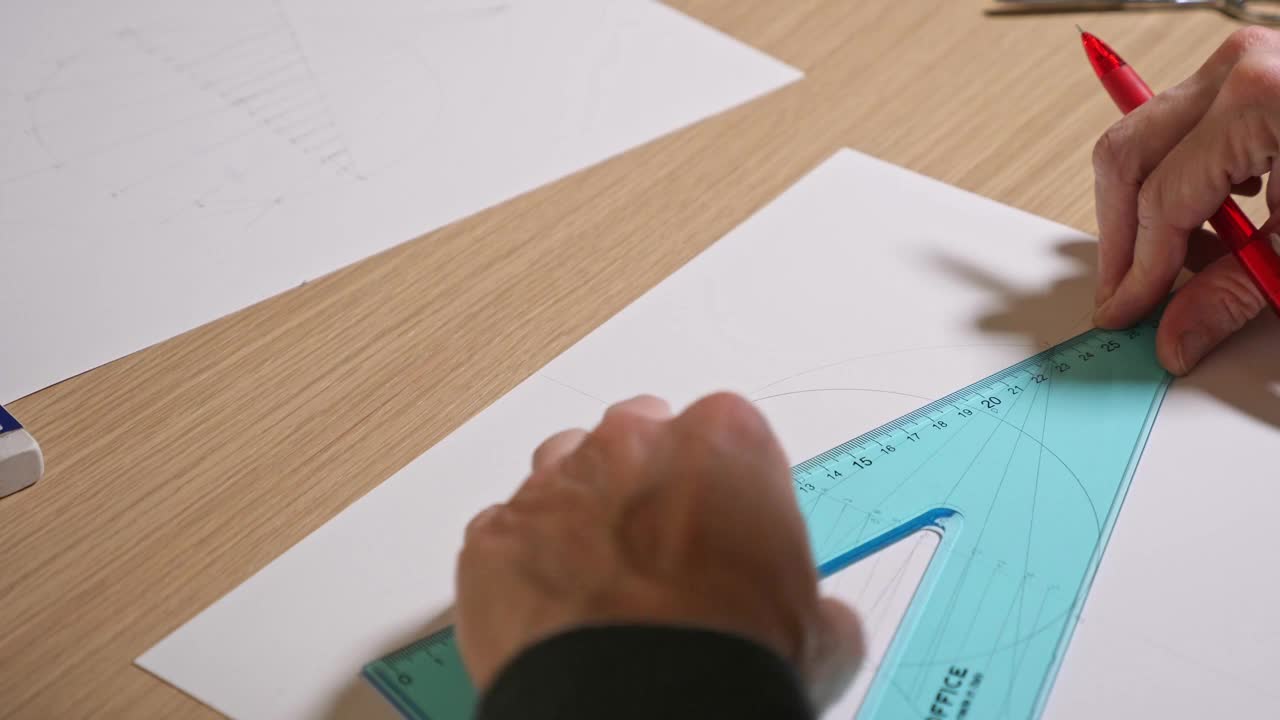 女性用铅笔和一套正方形在纸上画几何图形视频下载