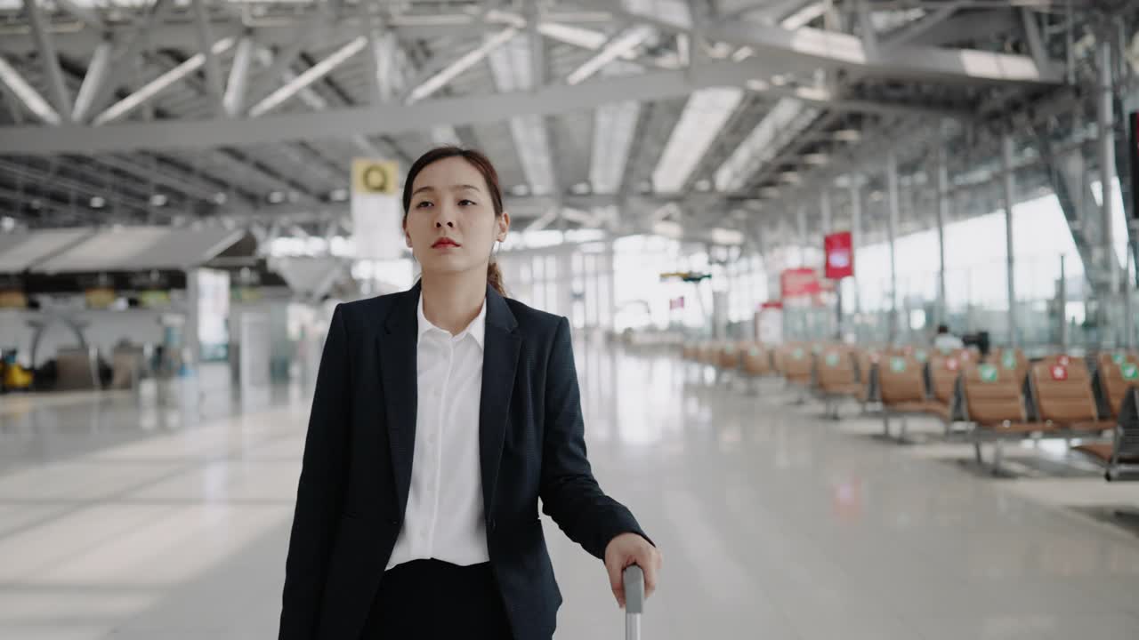 亚洲女商人提着行李箱在机场候机楼走来走去视频素材