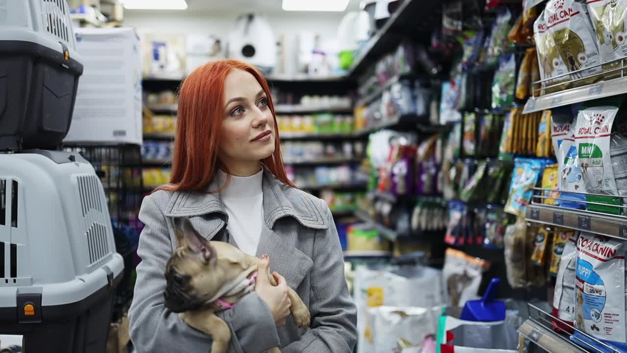 年轻女子在宠物店和她的狗视频下载