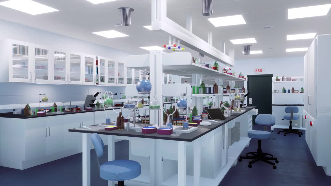 空旷的现代医学科学实验室内部3D动画视频下载