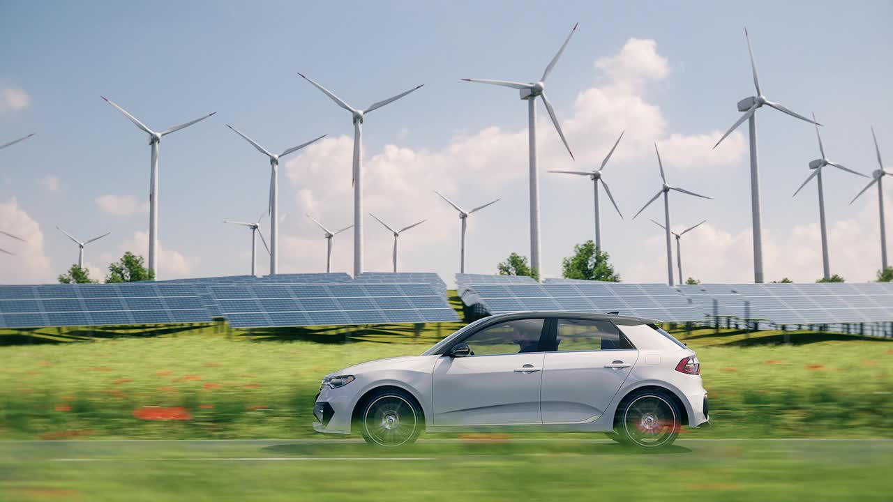 一辆通用自动电动汽车在绿色乡村行驶的侧视图视频下载