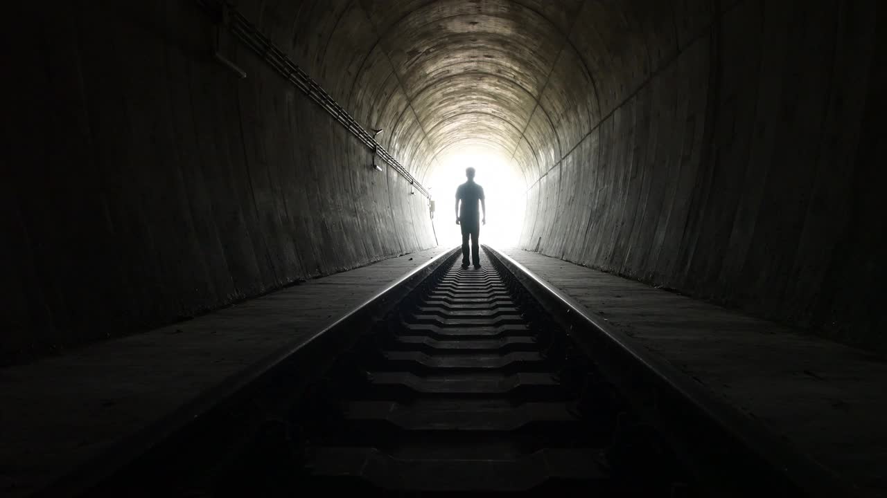 一个男人在火车隧道里行走的剪影。视频素材