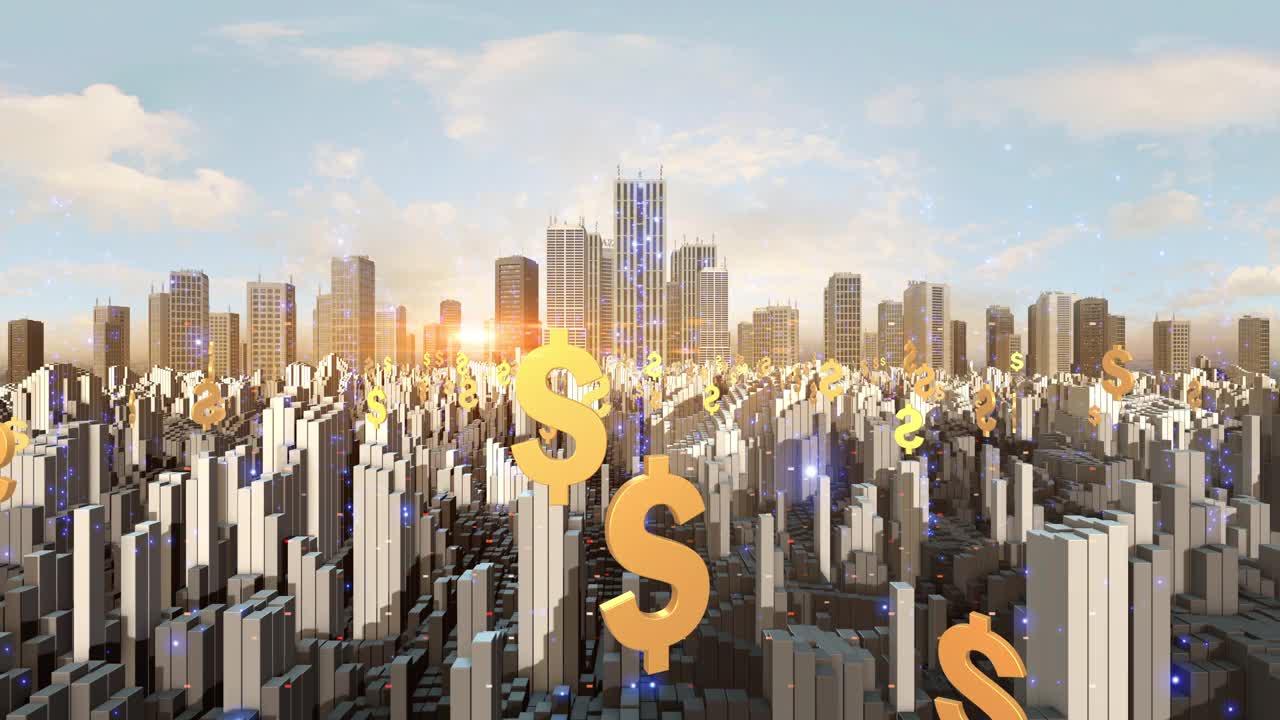 纽约大都会智能城市空中飘扬的美元货币标志视频下载