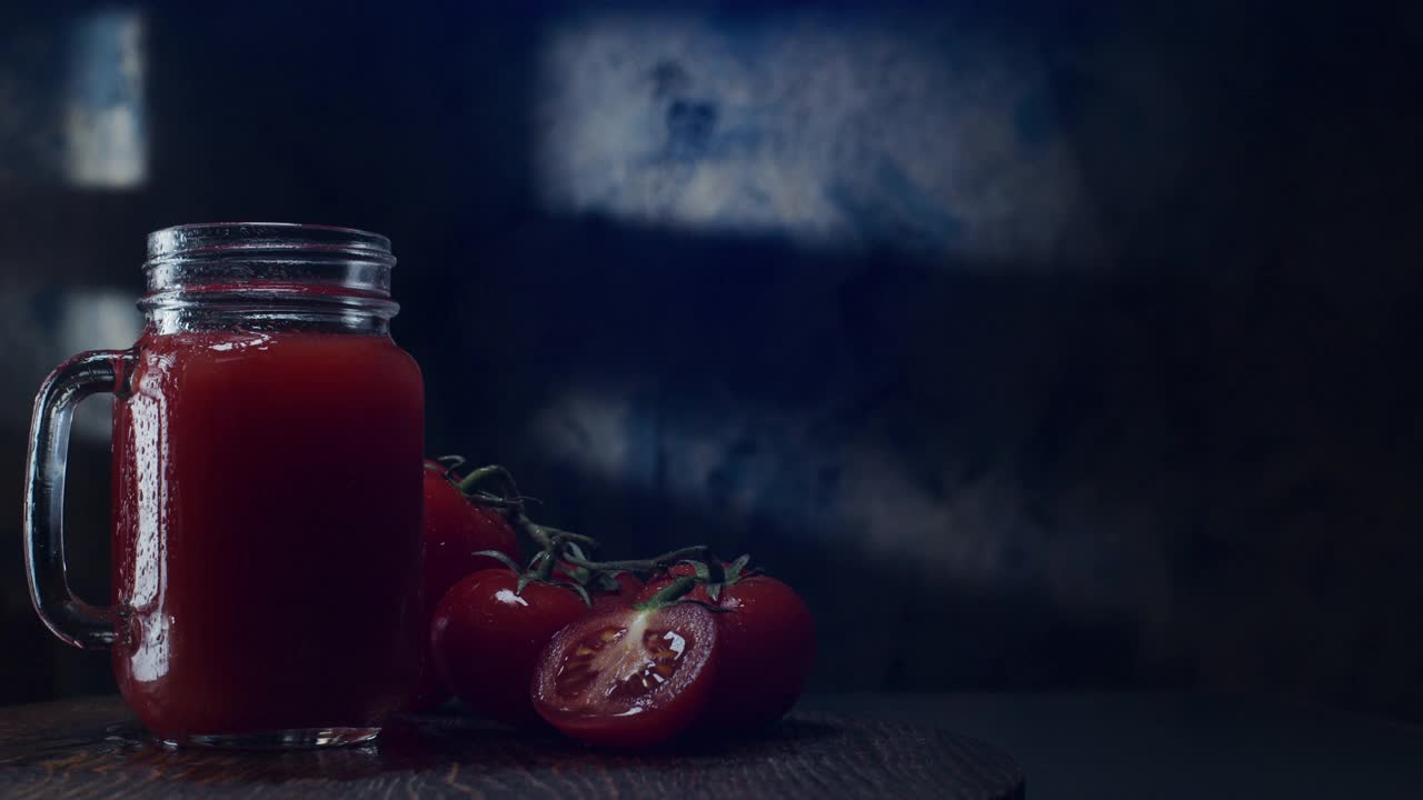 蕃茄汁在梅森罐中，在黑暗的背景视频下载
