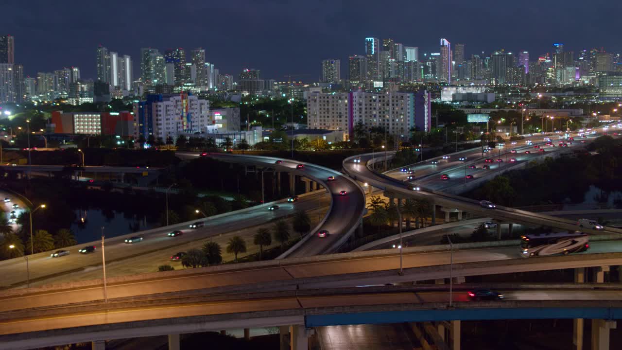 夜间鸟瞰图迈阿密设计区在大高架路口在北迈阿密，佛罗里达。无人机拍摄的b-roll镜头和平移摄像机的运动。视频下载