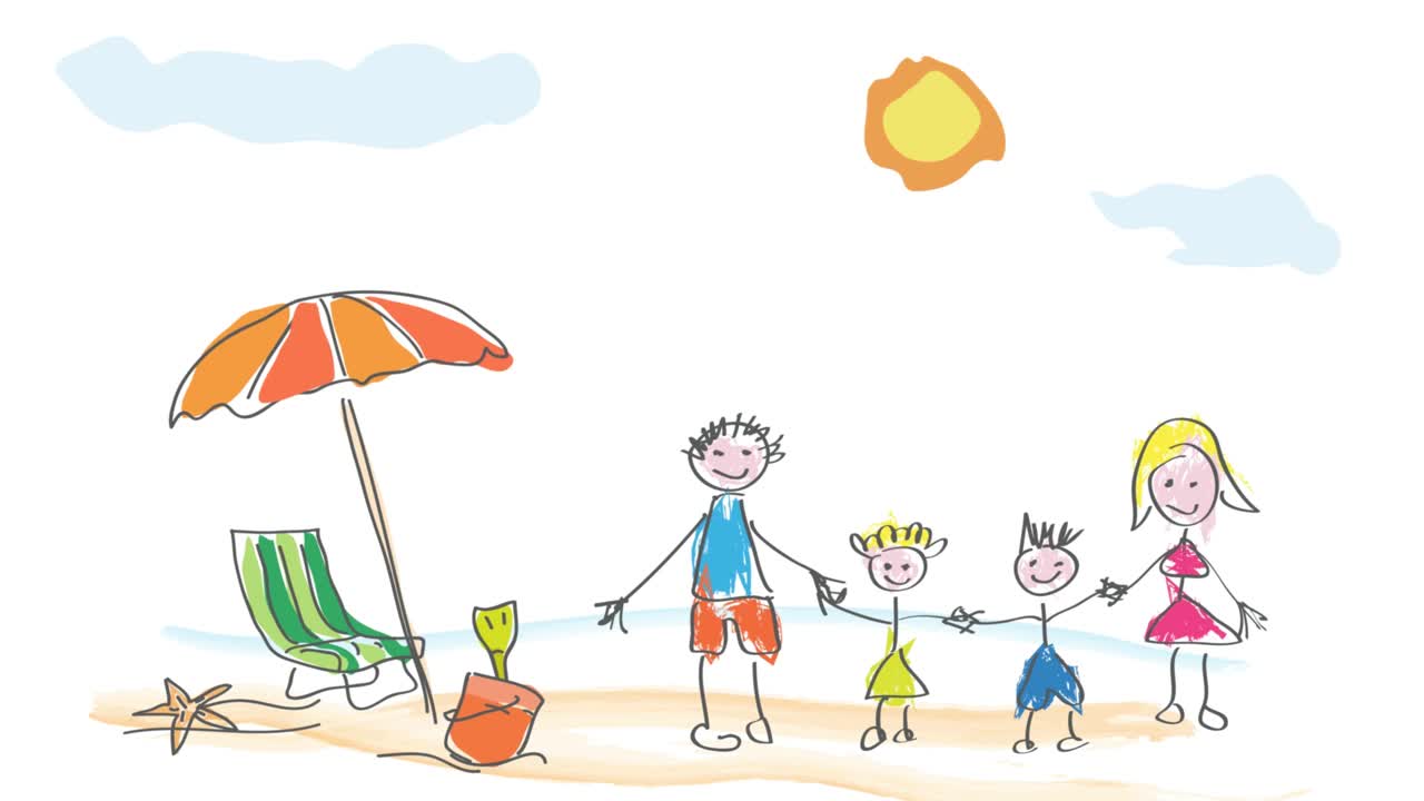 一个孩子的动画画，快乐的家庭在海边的海滩上迎接暑假视频下载