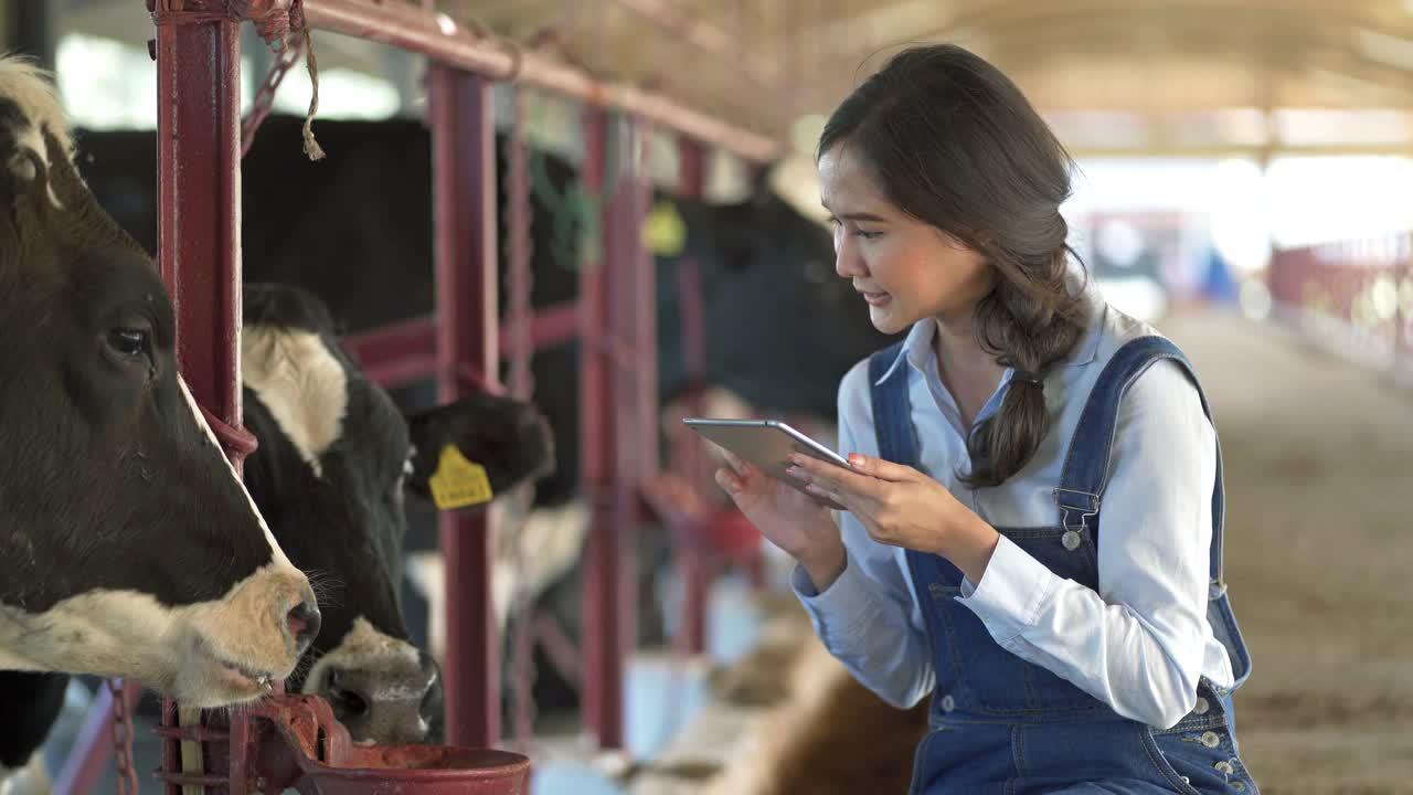 女性农民使用数字平板电脑在奶牛场工作视频下载