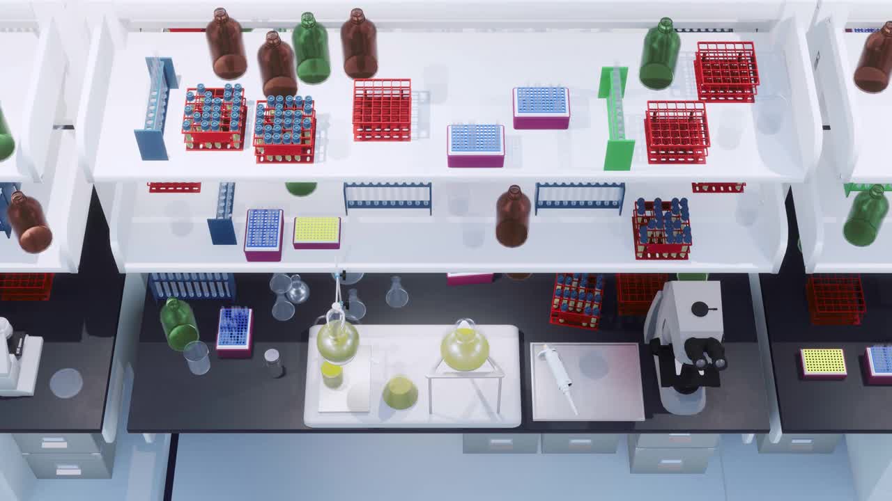 现代科研实验室工作场所俯视图3D动画视频素材