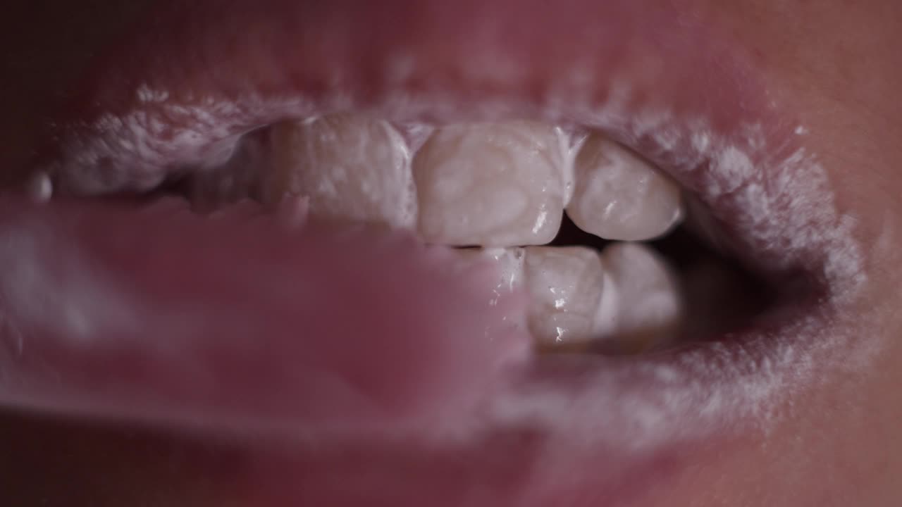 极端近景的人刷牙与粉红色的牙刷和牙粉。早上卫生。张开的嘴和嘴唇的宏观视图。视频下载