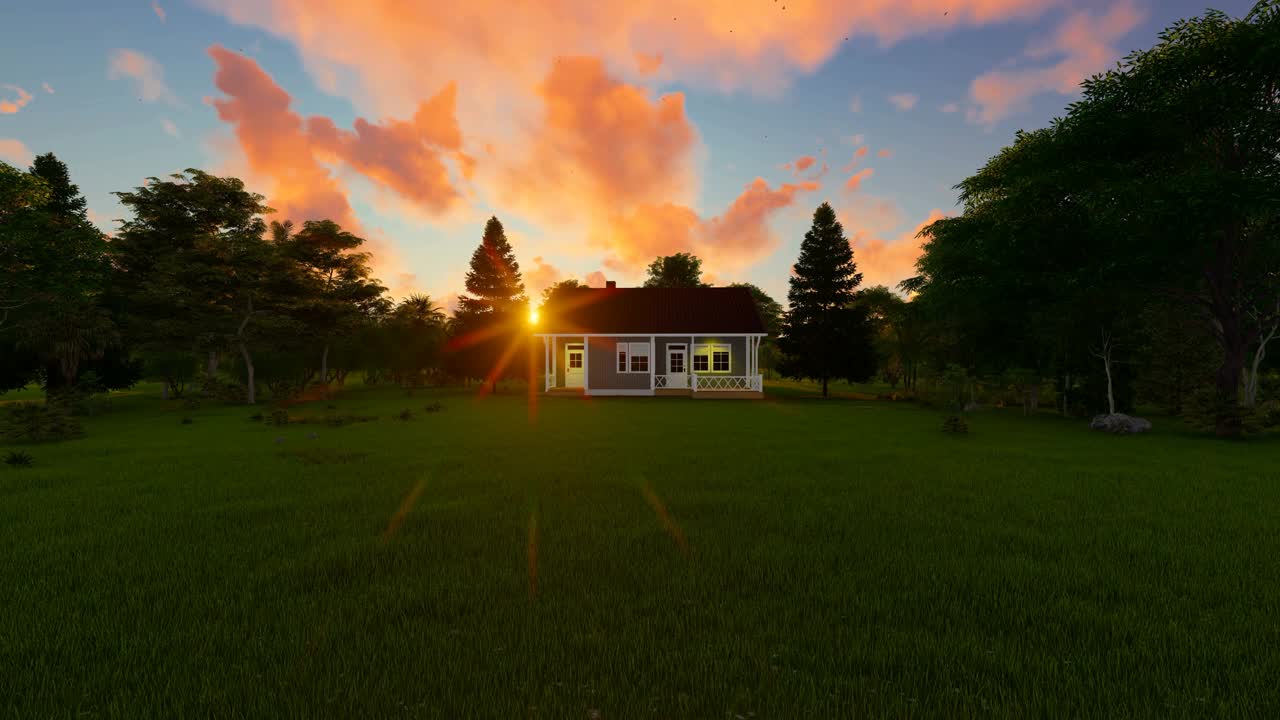 日落时树木环绕的小房子视频下载