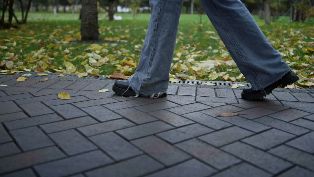女人的腿在城市公园。一个面目全非的人走在秋天的街上。视频下载