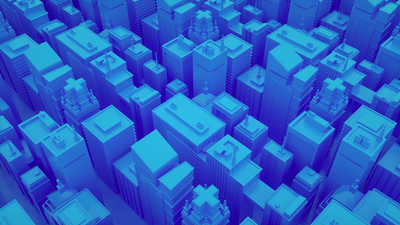 未来的蓝色城市与摩天大楼。摄像机在抽象的等距城市中移动。无缝循环背景，4K视频下载