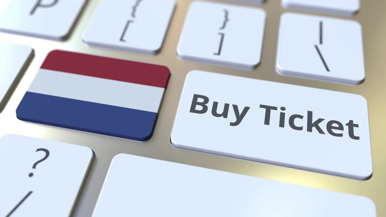 在电脑键盘上的按钮上有购买机票的文字和荷兰国旗。旅游相关的概念3D动画视频下载