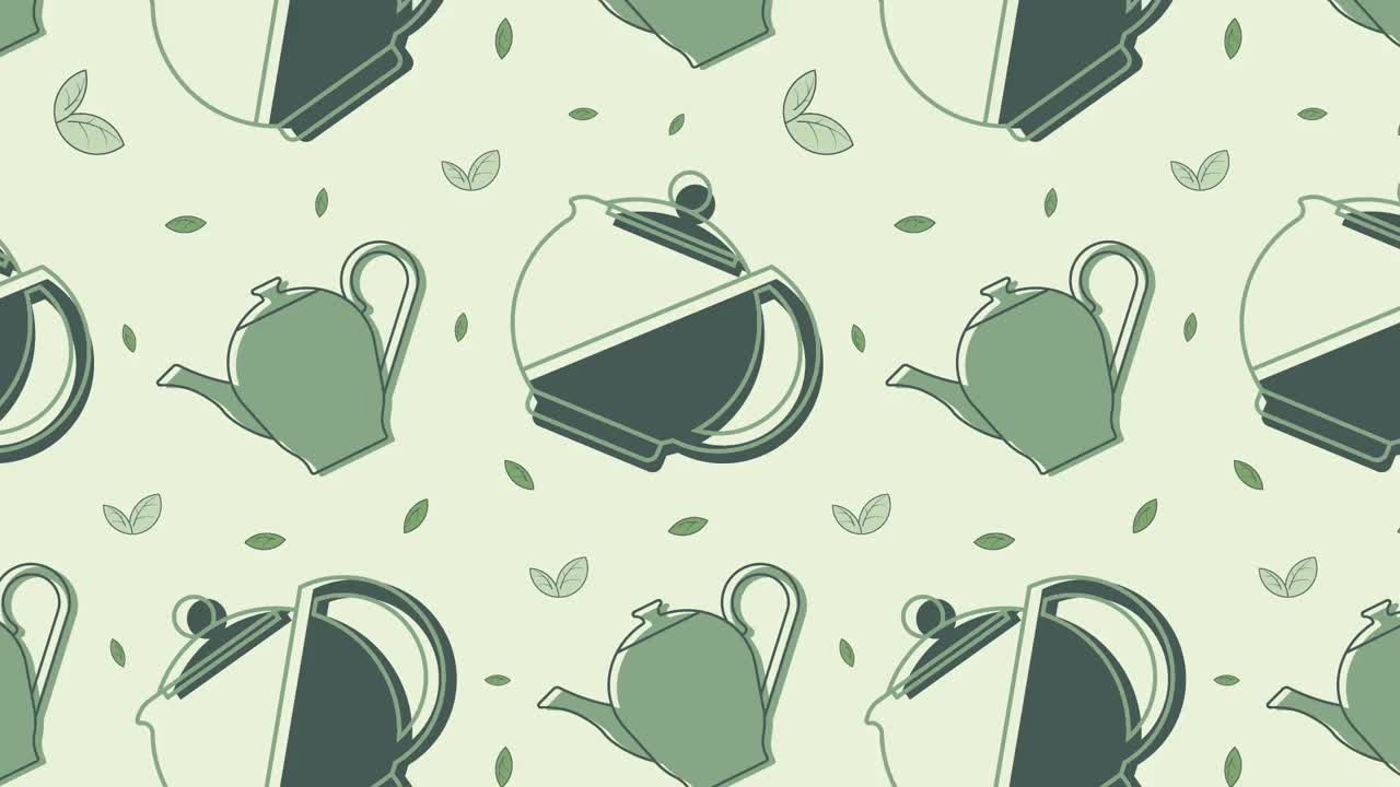 动画无缝图案与茶壶饮茶和小茶叶。早餐餐具。用于背景装饰的装饰品。设计元素。毛圈的视频视频下载