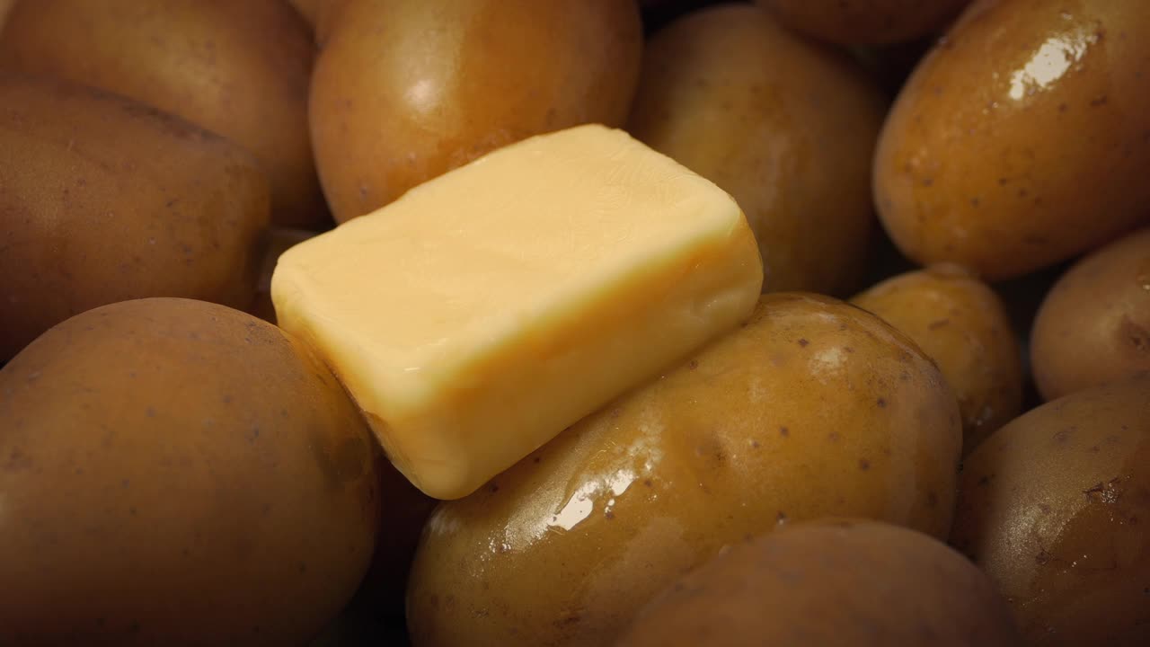 黄油在滚烫的土豆上融化视频下载