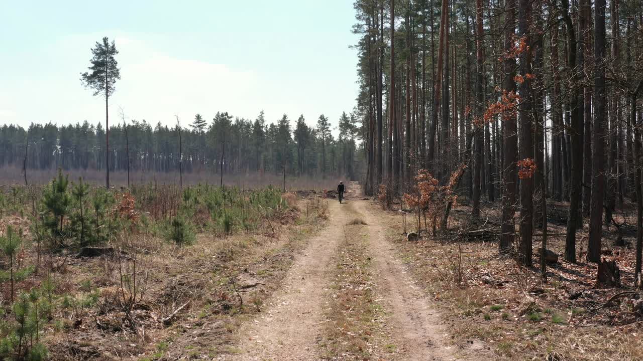 在森林里一条崎岖不平的土路上骑着专业自行车的人。体育活动。视频下载