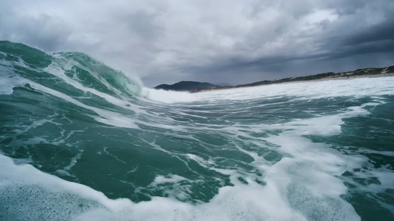 在阴天和暴风雨天气下，汹涌的海浪不停地拍打着海岸视频素材