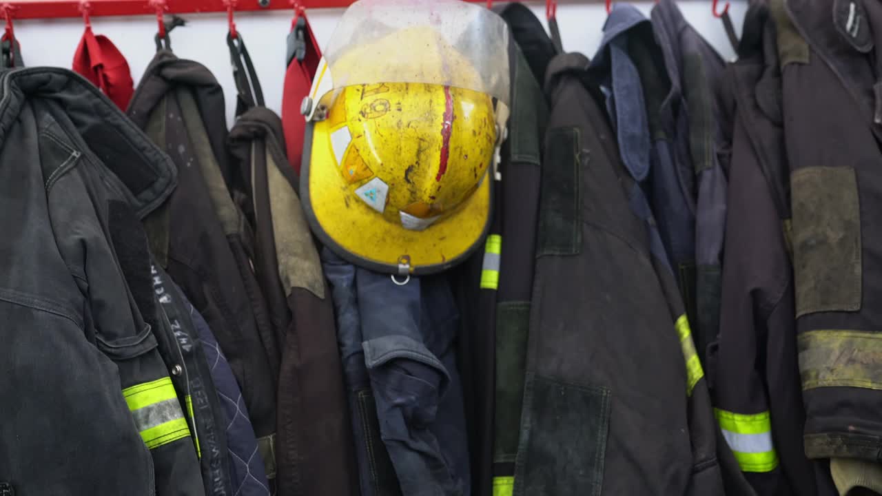 消防队员在消防站储藏室中取安全帽视频下载