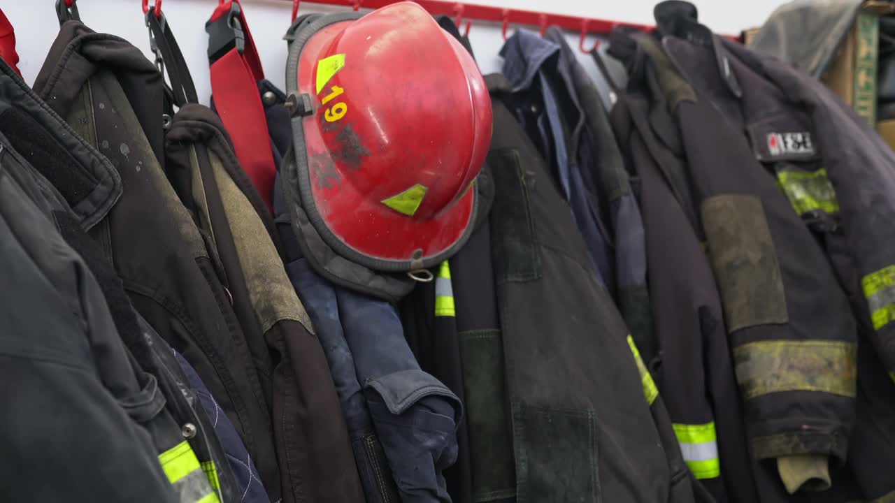 成熟的急救人员在消防站夺取红色头盔视频下载