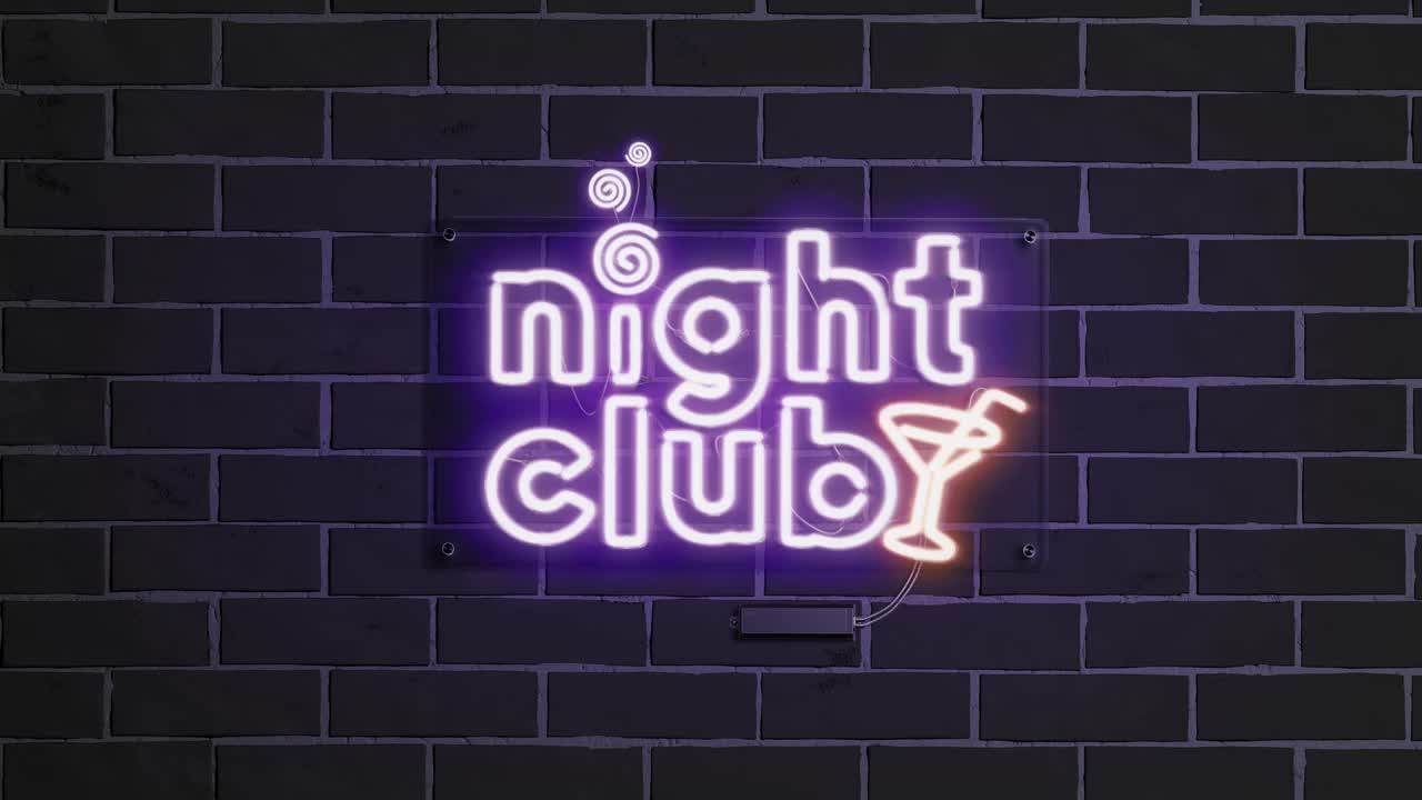 夜店霓虹灯招牌，黑色的砖墙，发光的字体模型视频下载