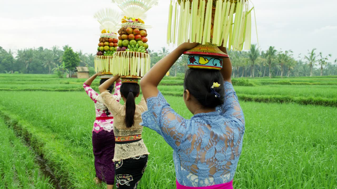 巴厘妇女携带水果供品印度教神印度尼西亚视频素材