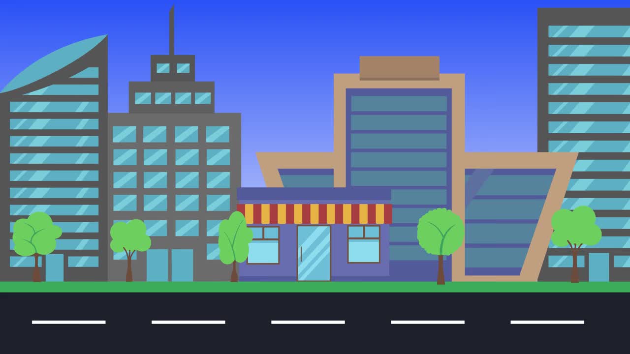 城市背景的平面动画，现代建筑建筑和道路的正面视图视频下载