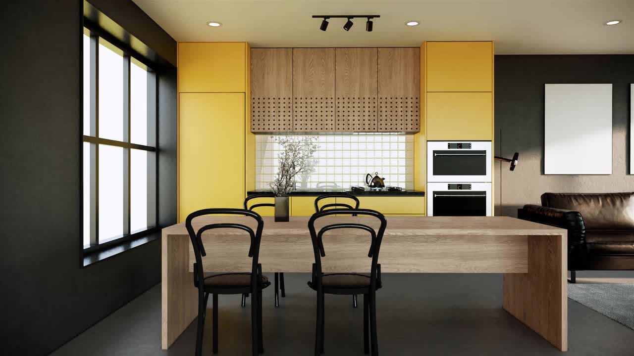 现代室内家具。现代公寓风格。房间有黄色和黑色的墙壁和窗户玻璃看外面的景色，右拍视频4k动画视频下载