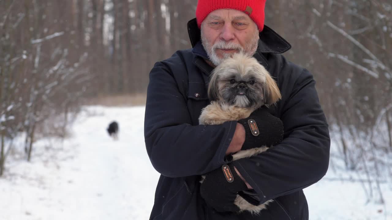 一位戴红帽子的老人抱着一只狗在森林里散步视频下载
