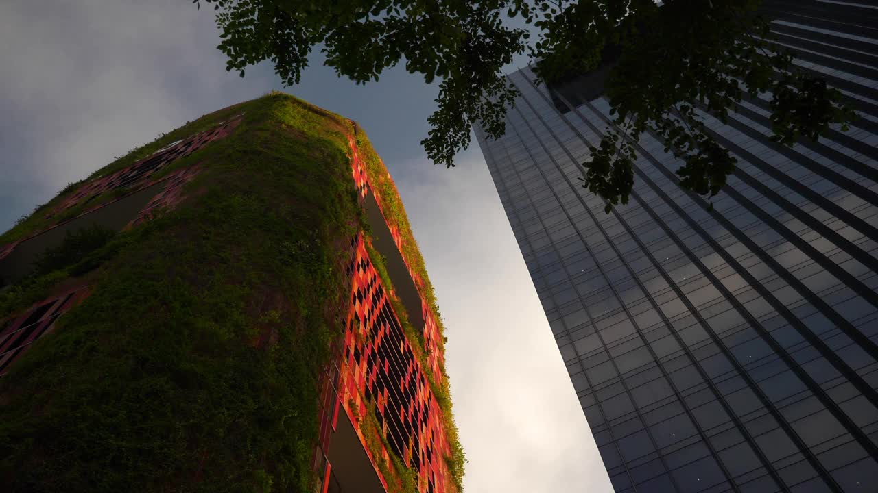 日落灯光新加坡城著名的绿色酒店建筑正面观看慢镜头全景4k视频下载