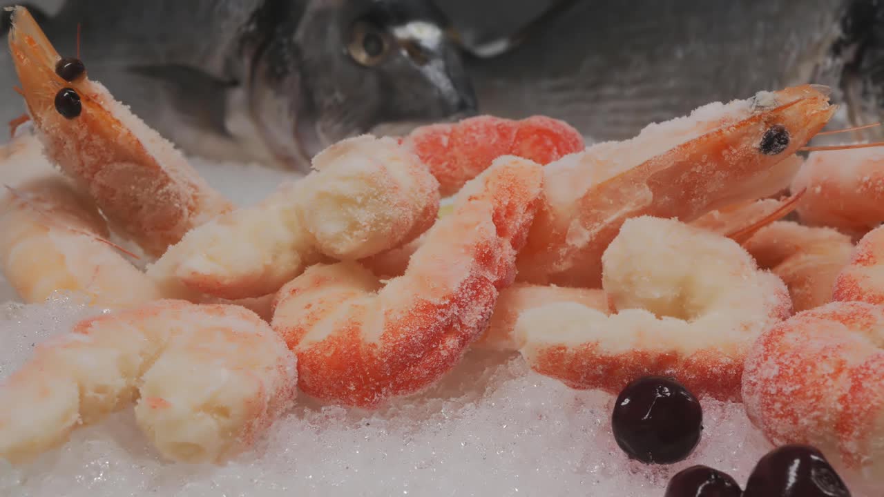 在细节。新鲜的冷冻虾与雪，浆果和冰展示。特写，漂亮的虾色。相机运动，滑块，小车拍摄。亚洲海鲜市场视频下载