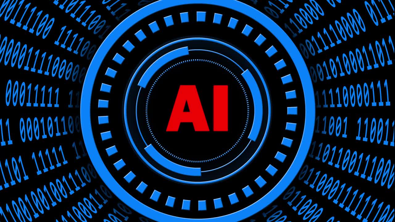AI -抽象的人工智能背景-速度移动的变化二进制代码安排在圆柱形状-旋转字母也旋转HUD元素视频下载