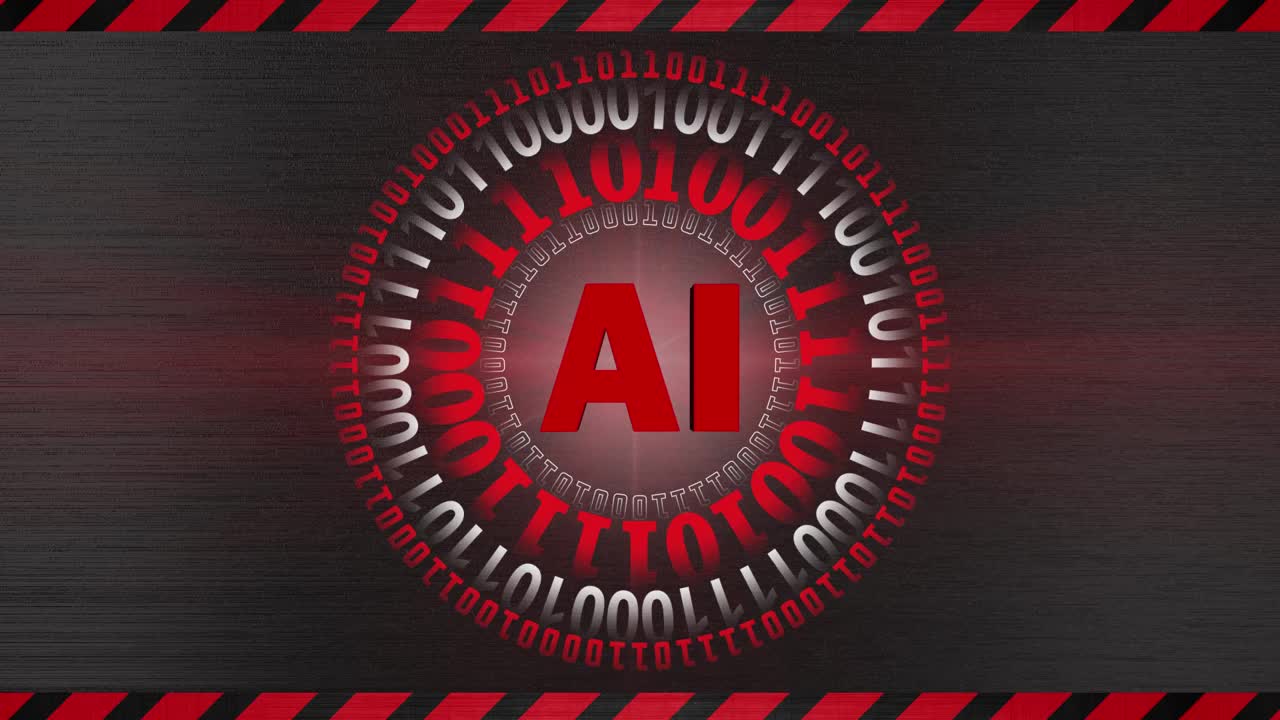 AI -抽象的人工智能背景-旋转的字母在中心从旋转的二进制码环-图形元素在红色和白色的黑暗背景视频下载