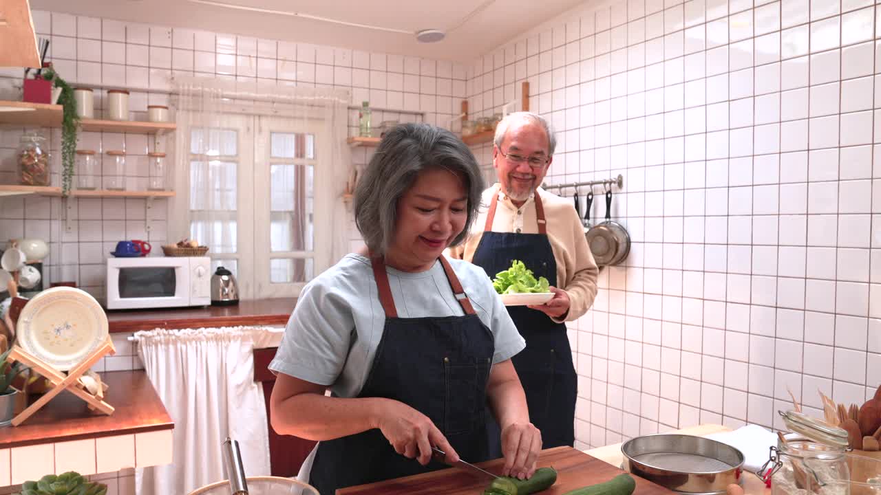 老夫妇在厨房做饭时愉快地聊天。它代表了他们俩永恒的爱。退休后的幸福视频下载