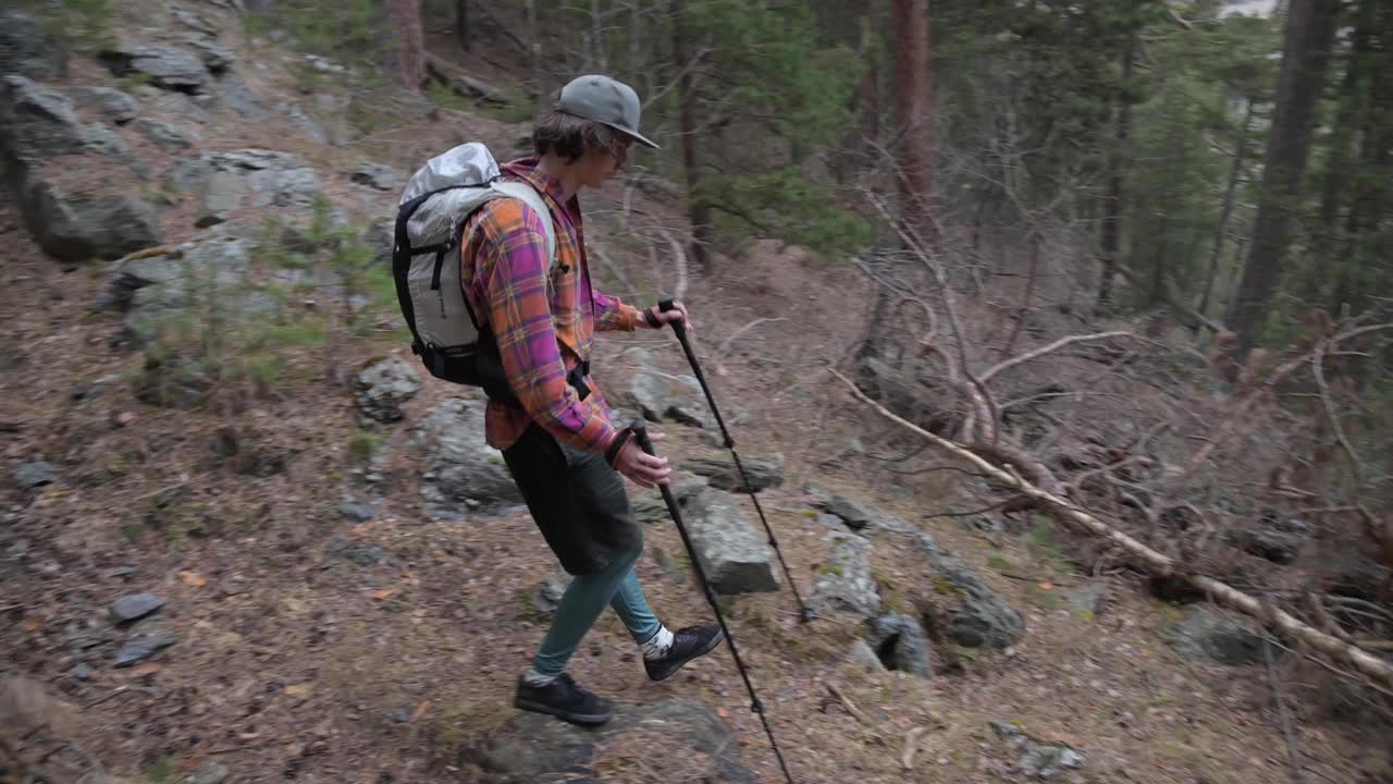 一个年轻的长头发的白人男子戴着帽子，背着背包，拄着追踪棒，走在山间松林中的一条森林小径上视频下载