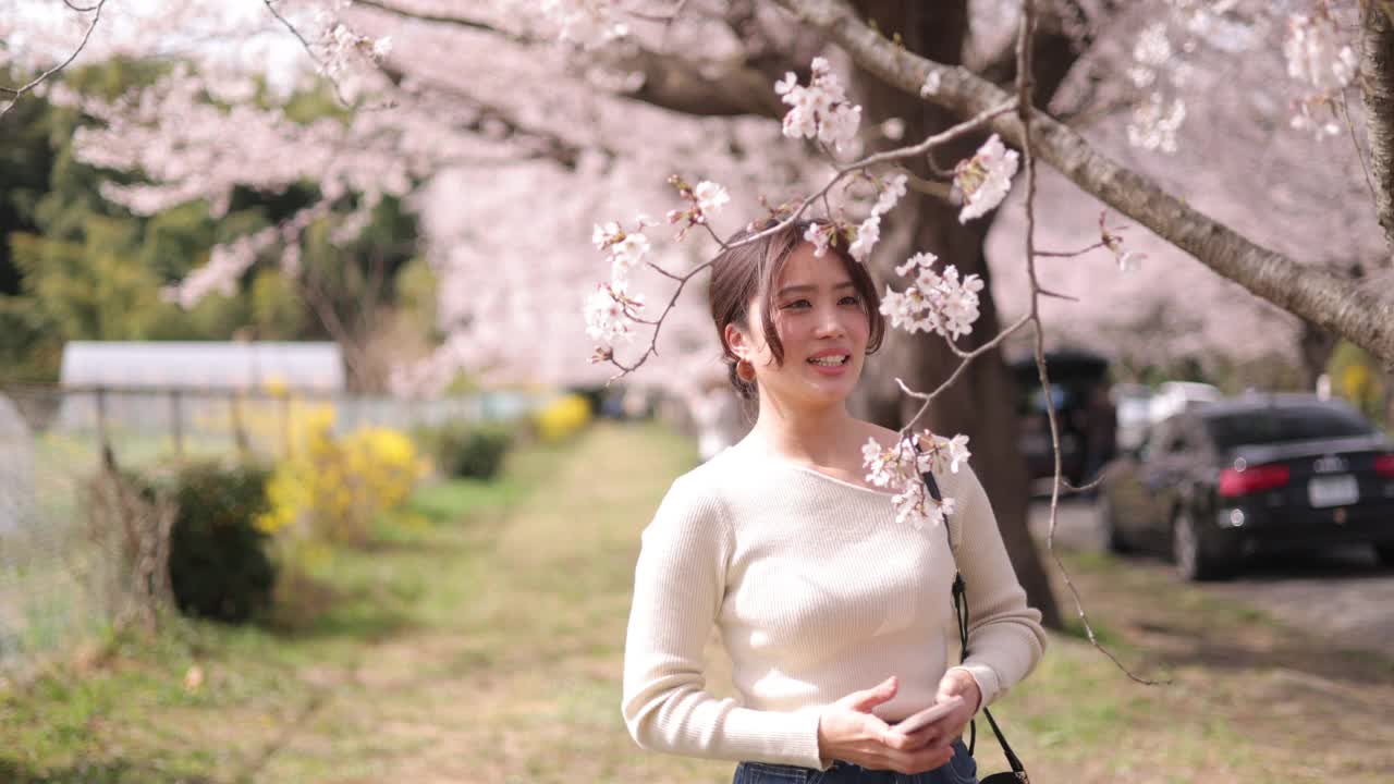 快乐的年轻女子拍照的樱花视频下载