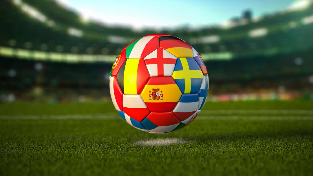 足球场的草地上飘扬着欧洲各国国旗的足球。2021年欧洲杯冠军。视频下载