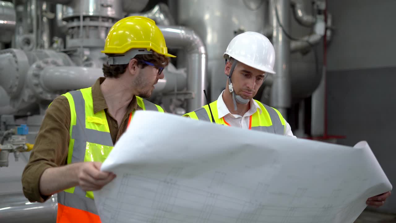 工业工程师小组在工业制造厂的锅炉房讨论设计图纸，检查信息和机器安全系统。两个工人在谈文件工作视频素材