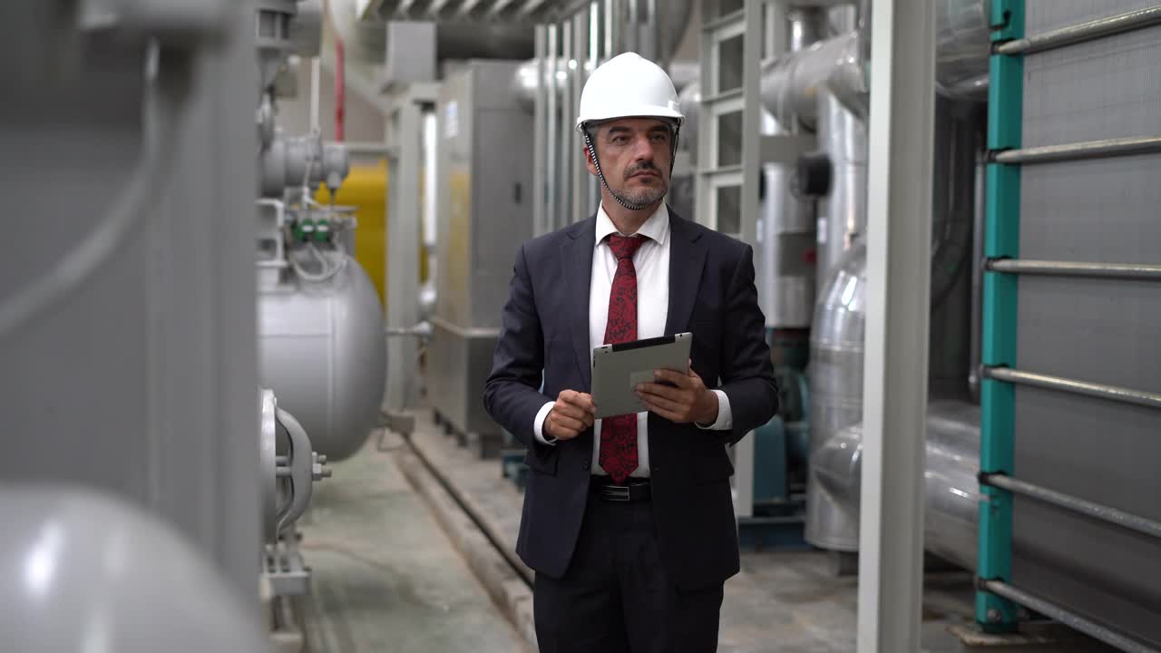 工业工程师经理在工业制造工厂锅炉房使用数字板检查信息和机器安全系统。商人在工厂检查机器视频素材