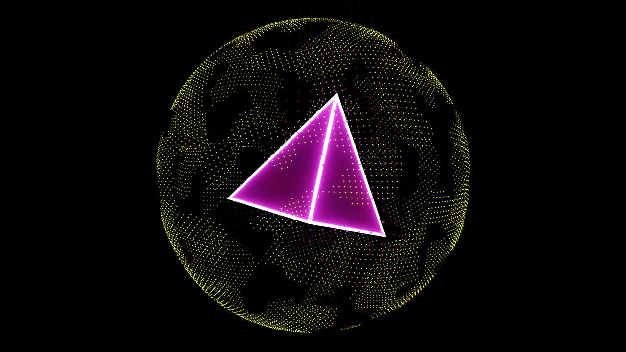 旋转着一个粉红色的金字塔，周围环绕着闪烁的彩色球体来装饰节日和音乐会，VJ。视频下载