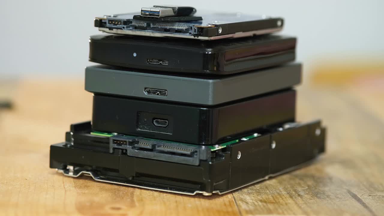 一堆硬盘存储设备在黑暗的表面，技术组件，usb，内存视频下载