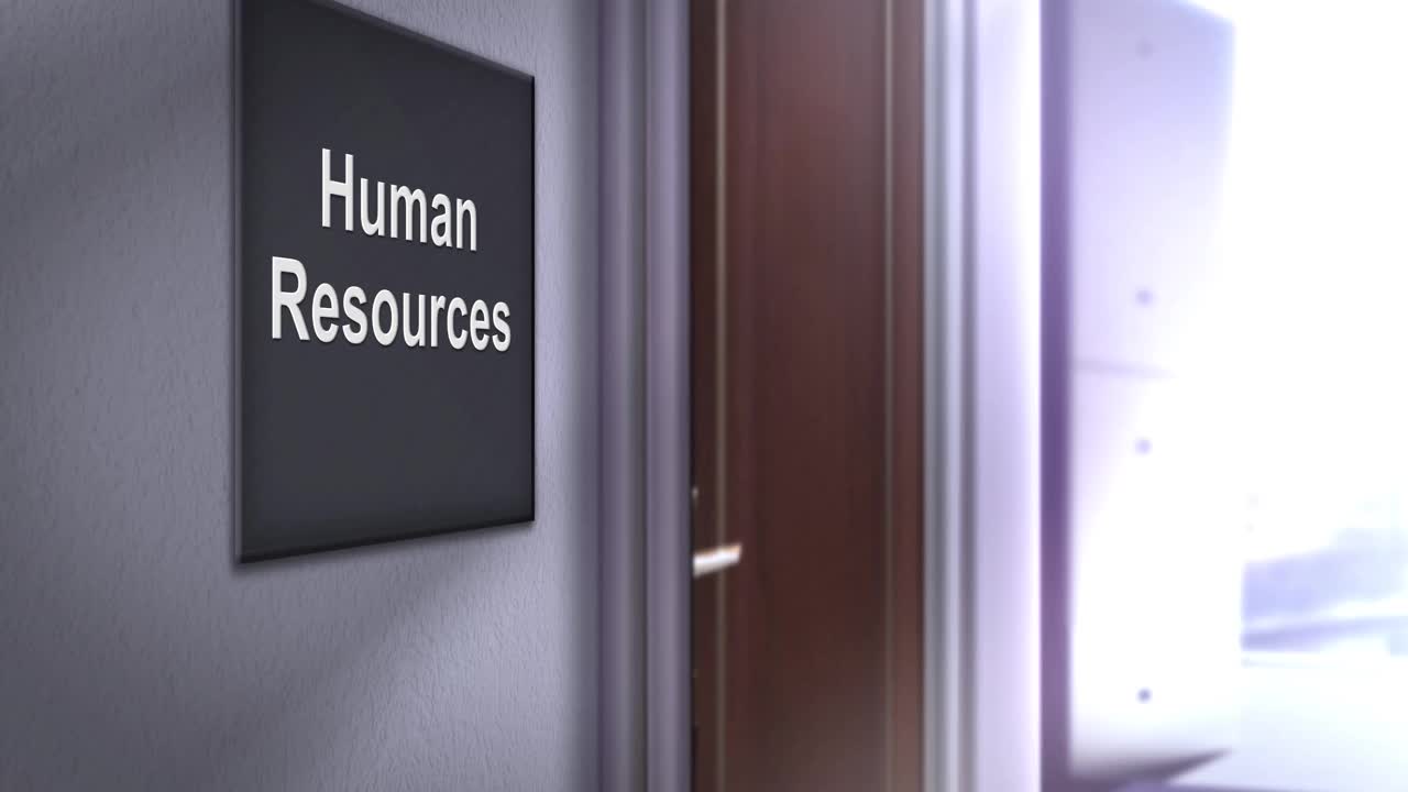 办公室入口标志系列在一个企业现代走廊的商业-人力资源视频下载
