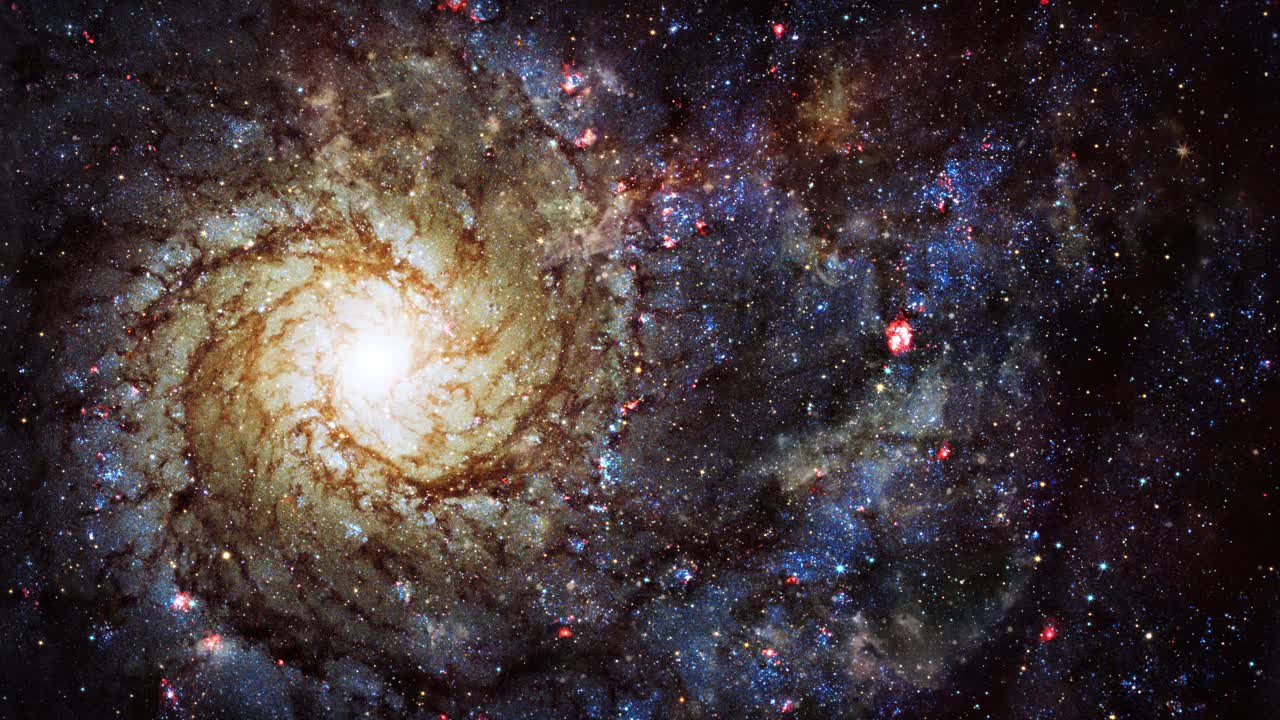 无缝循环空间探索星云天空到螺旋星系M74。4K 3D渲染太空探索之旅通过星场飞到美丽的螺旋星系背景。科幻宇宙太空飞行。视频下载
